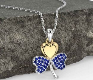 Sapphire Gold Silver Shamrock Necklace