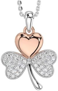 Diamond Rose Gold Silver Shamrock Necklace