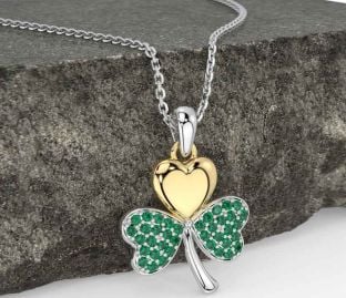 Emerald Gold Silver Shamrock Necklace