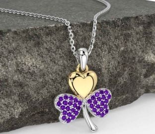 Amethyst White Yellow Gold Shamrock Necklace