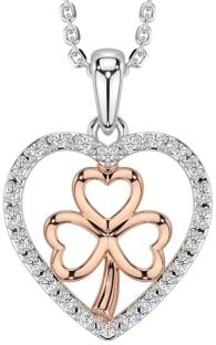 Diamond Rose Gold Silver Celtic Heart Shamrock Necklace