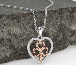 Diamond Rose Gold Silver Celtic Heart Shamrock Necklace
