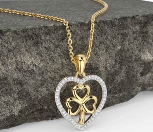 Diamond Gold Silver Celtic Heart Shamrock Necklace