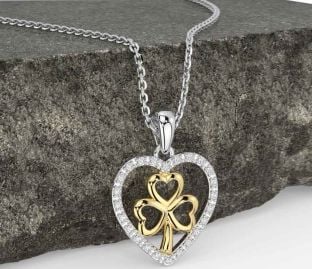 Diamond Gold Silver Celtic Heart Shamrock Necklace