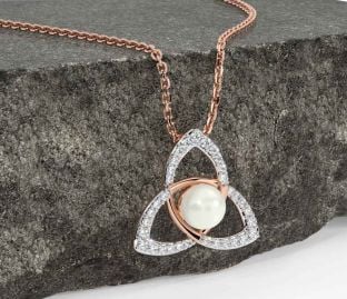 Diamond Pearl Rose Gold Celtic Trinity Knot Necklace