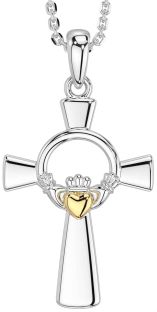 White Yellow Gold Celtic Cross Claddagh Necklace