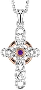 Amethyst Rose Gold Silver Celtic Cross Necklace