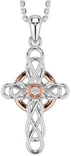 Diamond Rose Gold Silver Celtic Cross Necklace