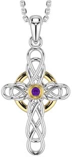 Amethyst Gold Silver Celtic Cross Necklace