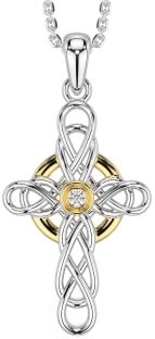 Diamond Gold Silver Celtic Cross Necklace