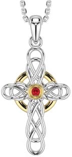 Ruby Gold Silver Celtic Cross Necklace