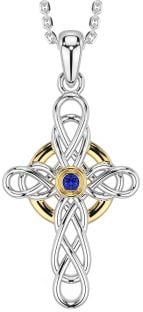 Sapphire Gold Silver Celtic Cross Necklace