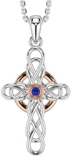 Sapphire White Rose Gold Celtic Cross Necklace