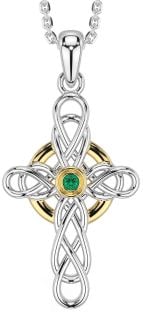 Emerald White Yellow Gold Celtic Cross Necklace