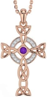 Diamond Amethyst Rose Gold Silver Celtic Cross Trinity Knot Necklace