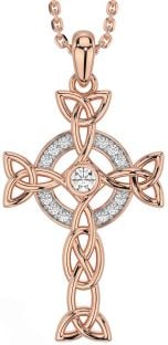 Diamond Rose Gold Silver Celtic Cross Trinity Knot Necklace