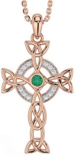 Diamond Emerald Rose Gold Silver Celtic Cross Trinity Knot Necklace