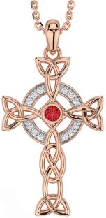 Diamond Ruby Rose Gold Silver Celtic Cross Trinity Knot Necklace