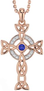 Diamond Sapphire Rose Gold Silver Celtic Cross Trinity Knot Necklace