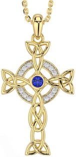 Diamond Sapphire Gold Silver Celtic Cross Trinity Knot Necklace