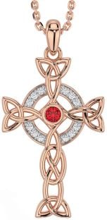 Diamond Ruby Rose Gold Celtic Cross Trinity Knot Necklace