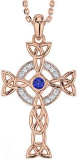 Diamond Sapphire Rose Gold Celtic Cross Trinity Knot Necklace