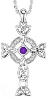 Diamond Amethyst Silver Celtic Cross Trinity Knot Necklace