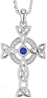 Diamond Sapphire Silver Celtic Cross Trinity Knot Necklace