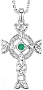 Diamond Emerald White Gold Celtic Cross Trinity Knot Necklace