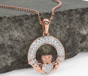 Diamond Rose Gold Silver Claddagh Necklace