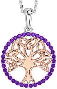 Amethyst Rose Gold Silver Celtic Tree of Life Trinity Knot Necklace