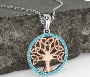 Aquamarine Rose Gold Silver Celtic Tree of Life Trinity Knot Necklace