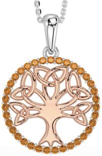 Citrine Rose Gold Silver Celtic Tree of Life Trinity Knot Necklace