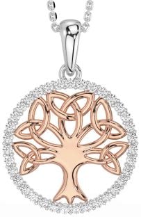 Diamond Rose Gold Silver Celtic Tree of Life Trinity Knot Necklace