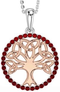 Garnet Rose Gold Silver Celtic Tree of Life Trinity Knot Necklace