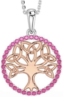 Pink Tourmaline Rose Gold Silver Celtic Tree of Life Trinity Knot Necklace