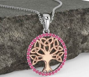 Pink Tourmaline Rose Gold Silver Celtic Tree of Life Trinity Knot Necklace