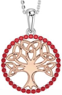 Ruby Rose Gold Silver Celtic Tree of Life Trinity Knot Necklace