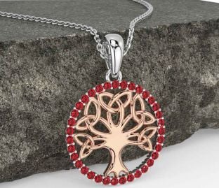 Ruby Rose Gold Silver Celtic Tree of Life Trinity Knot Necklace