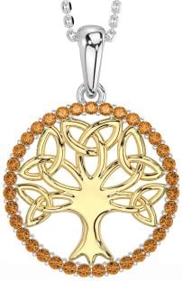 Citrine Gold Silver Celtic Tree of Life Trinity Knot Necklace