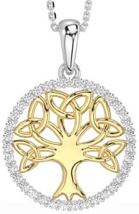 Diamond Gold Silver Celtic Tree of Life Trinity Knot Necklace