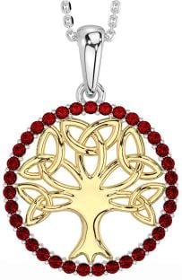 Garnet Gold Silver Celtic Tree of Life Trinity Knot Necklace