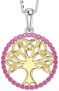 Pink Tourmaline Gold Silver Celtic Tree of Life Trinity Knot Necklace