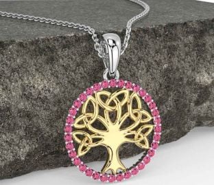 Pink Tourmaline Gold Silver Celtic Tree of Life Trinity Knot Necklace