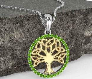 Peridot Gold Silver Celtic Tree of Life Trinity Knot Necklace