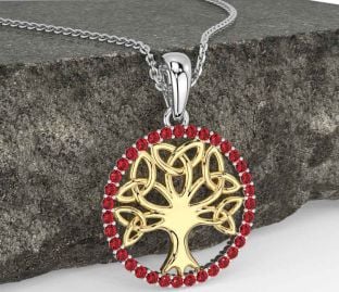 Ruby Gold Silver Celtic Tree of Life Trinity Knot Necklace
