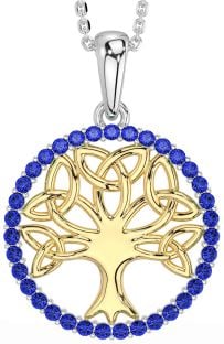 Sapphire Gold Silver Celtic Tree of Life Trinity Knot Necklace