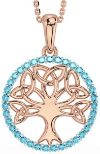 Aquamarine Rose Gold Silver Celtic Tree of Life Trinity Knot Necklace