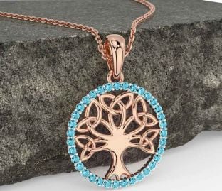 Aquamarine Rose Gold Silver Celtic Tree of Life Trinity Knot Necklace