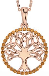 Citrine Rose Gold Silver Celtic Tree of Life Trinity Knot Necklace